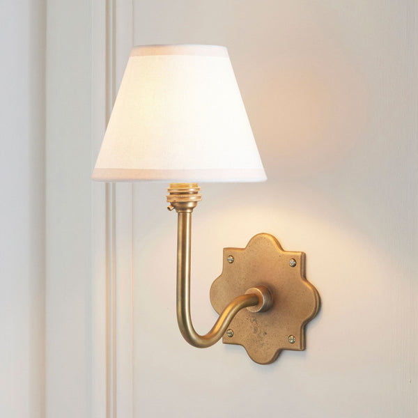 Anvil Swan Wall Light in Brass Patina with Vintage White Cotton Mix Fabric Shade