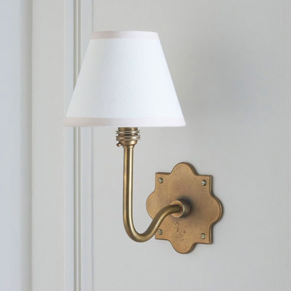 Anvil Swan Wall Light in Brass Patina with Vintage White Cotton Mix Fabric Shade