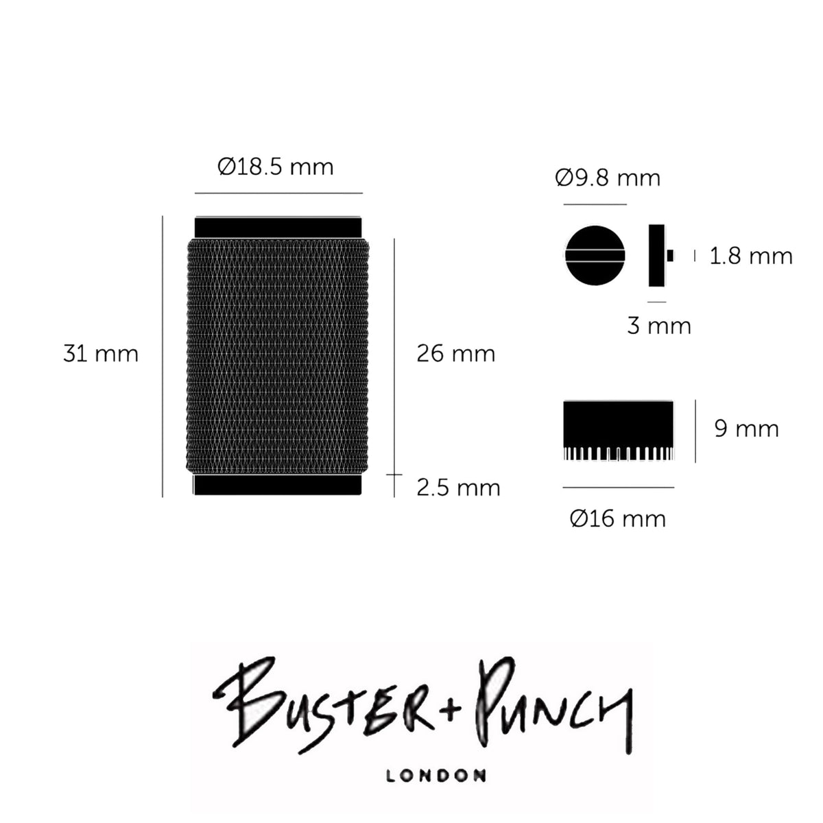 Technical drawing of a black knurled pull handle with dimensions for installation.