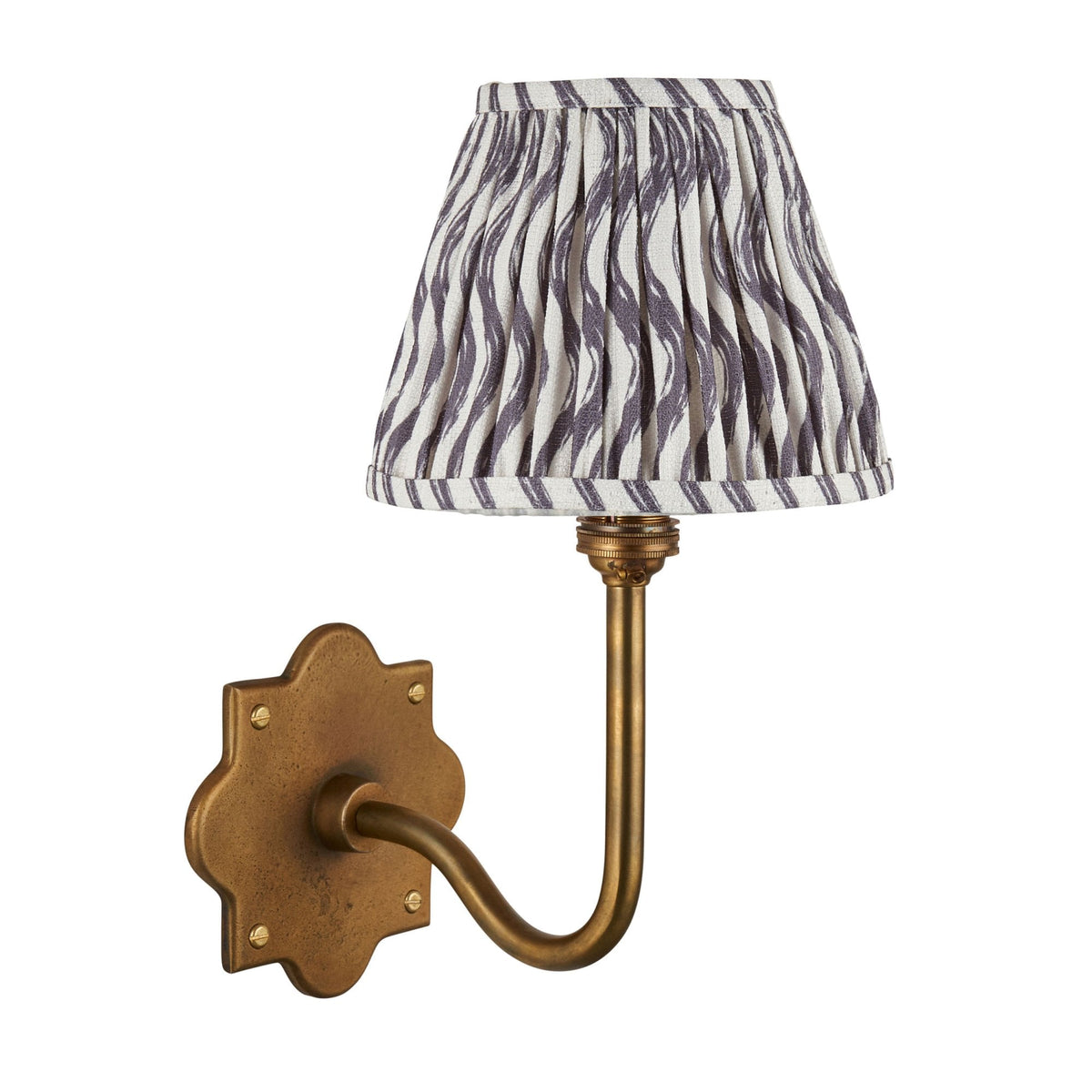 Anvil Swan Wall Light in Brass Patina with 16cm Ripple Pearl Grey Faux Linen Fabric Shade