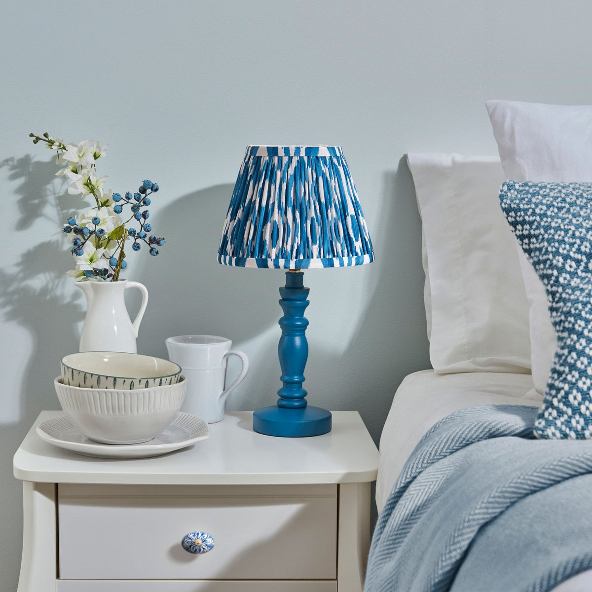 Bibury Table Lamp in Satin Blue with Ikat 20cm Marlin Blue Shade