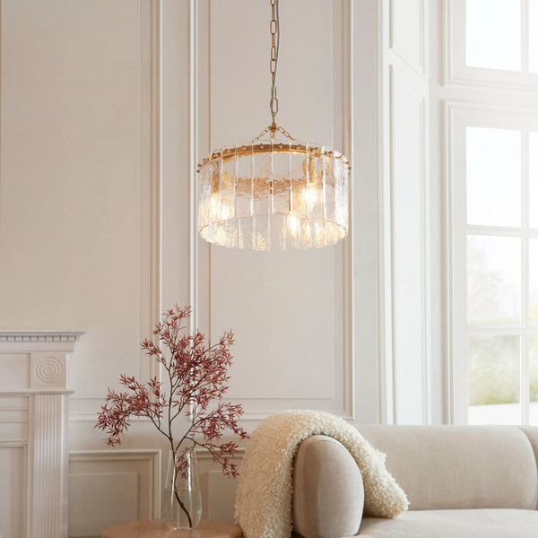 Karine Three Light Pendant in Brushed Aged Brass with Handmade Clear Textured Glass Panels