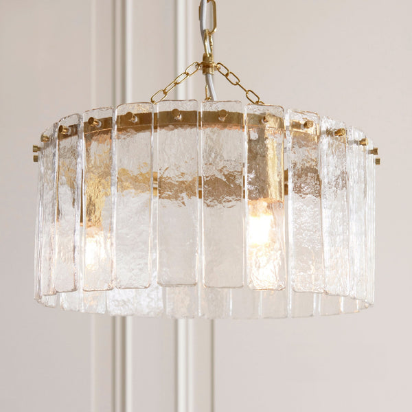 Karine Three Light Pendant in Brushed Aged Brass with Handmade Clear Textured Glass Panels