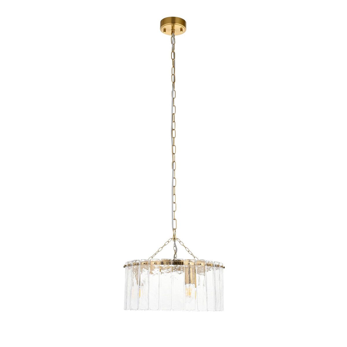 Karine Three Light Pendant in Brushed Aged Brass with Handmade Clear Textured Glass Panels