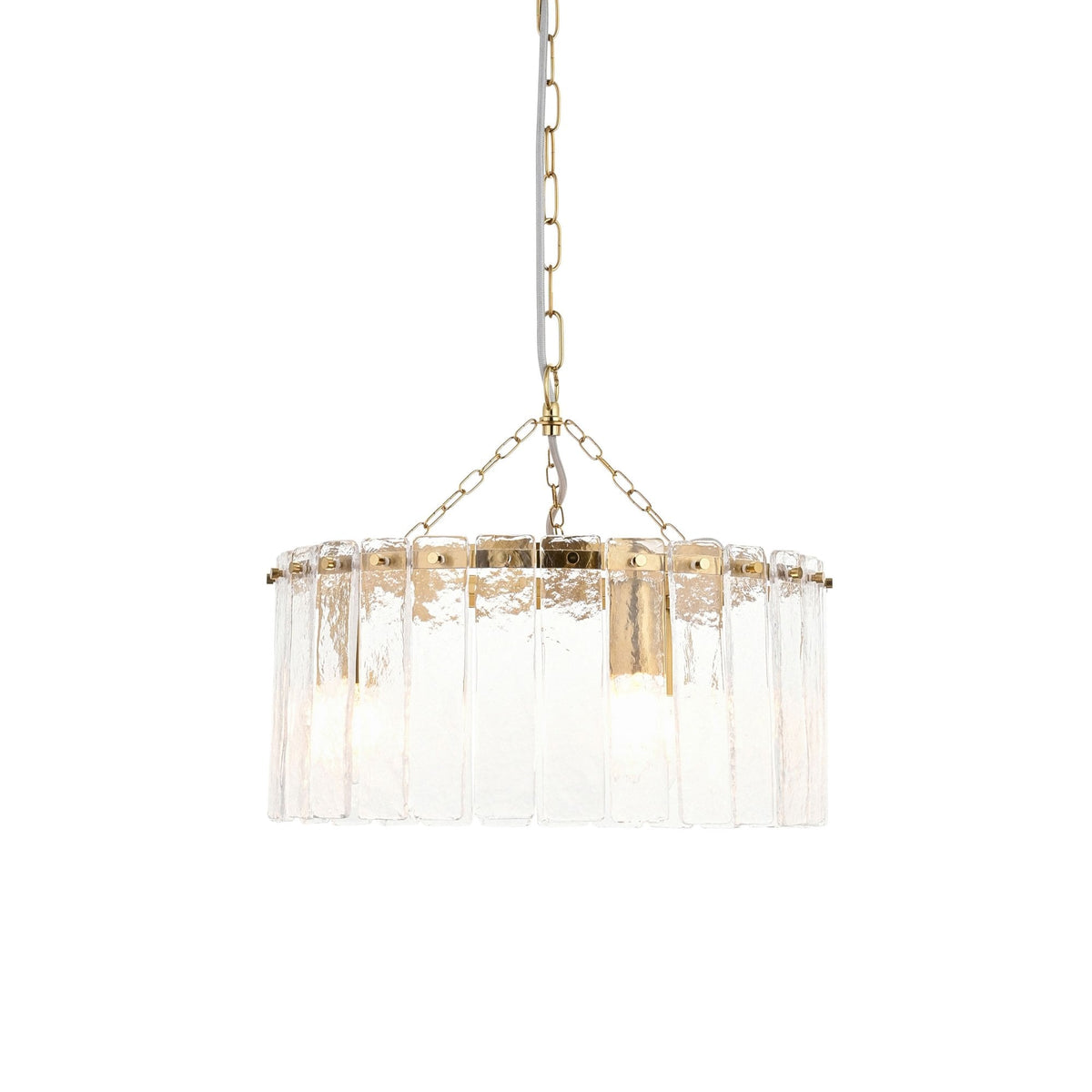 Karine Three Light Pendant in Brushed Aged Brass with Handmade Clear Textured Glass Panels