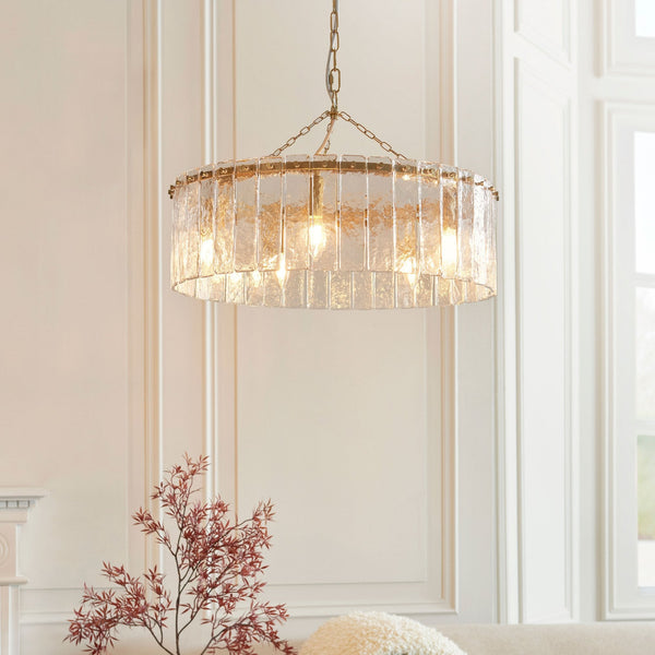 Karine Five Light Pendant in Brushed Aged Brass with Handmade Clear Textured Glass Panels