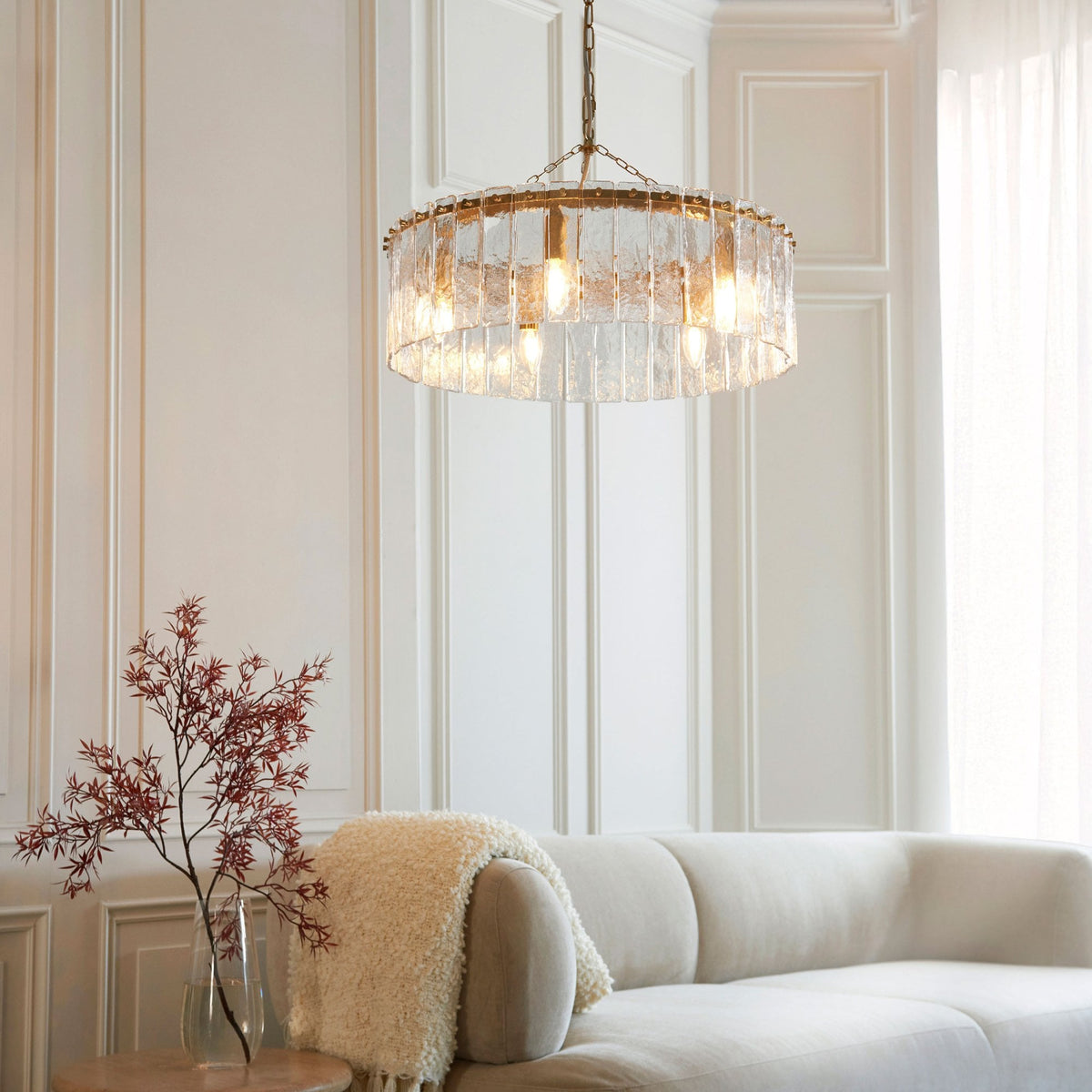 Karine Five Light Pendant in Brushed Aged Brass with Handmade Clear Textured Glass Panels