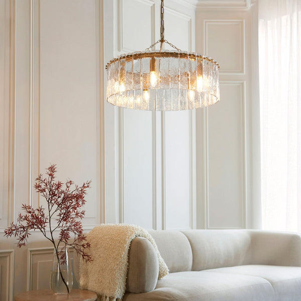 Karine Five Light Pendant in Brushed Aged Brass with Handmade Clear Textured Glass Panels