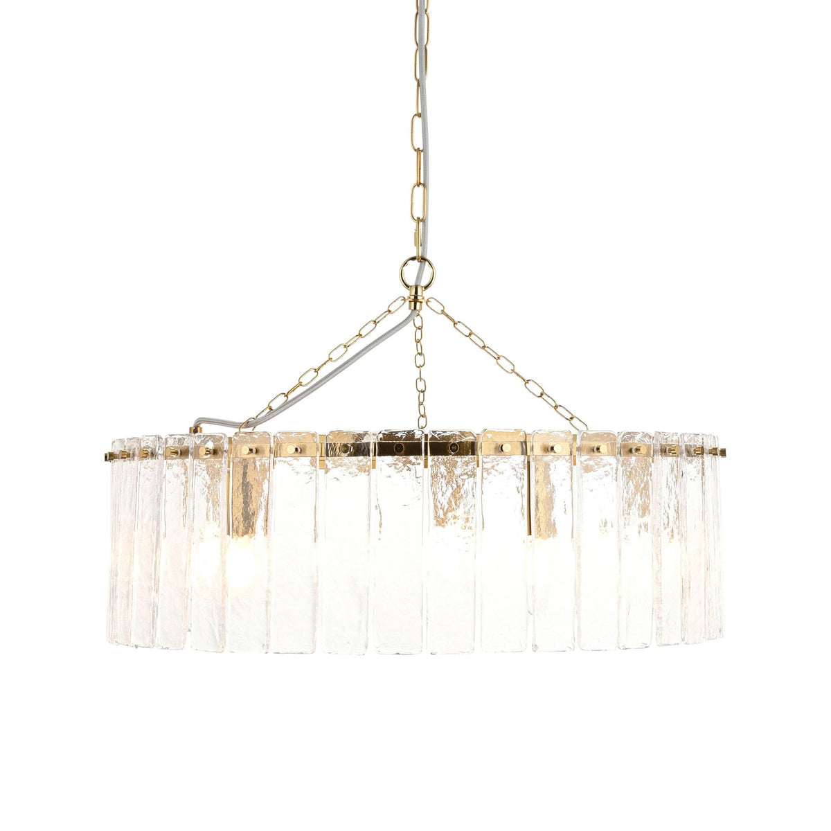 Karine Five Light Pendant in Brushed Aged Brass with Handmade Clear Textured Glass Panels