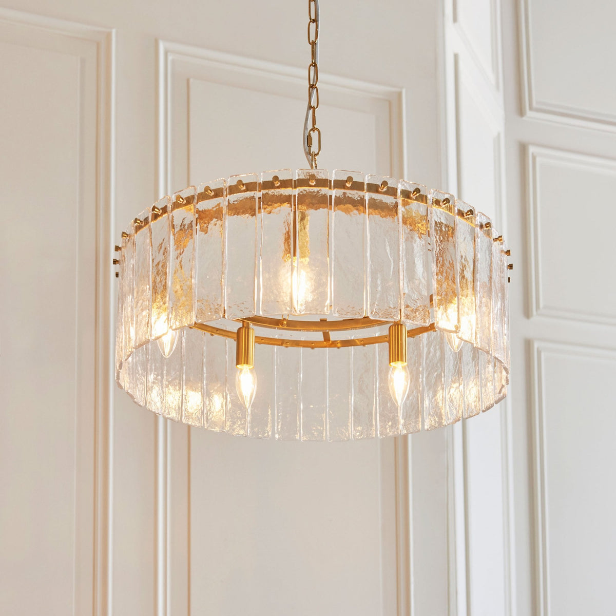 Karine Five Light Pendant in Brushed Aged Brass with Handmade Clear Textured Glass Panels