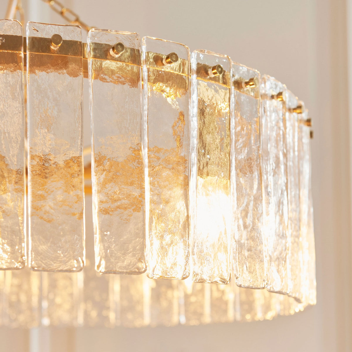 Karine Five Light Pendant in Brushed Aged Brass with Handmade Clear Textured Glass Panels