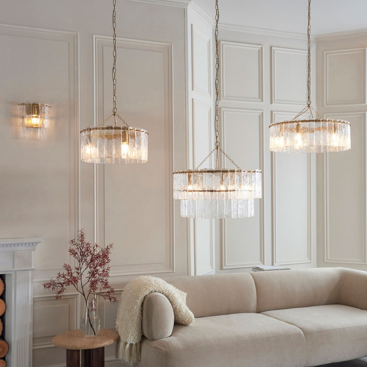 Karine Five Light Pendant in Brushed Aged Brass with Handmade Clear Textured Glass Panels