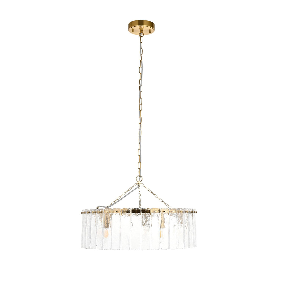 Karine Five Light Pendant in Brushed Aged Brass with Handmade Clear Textured Glass Panels