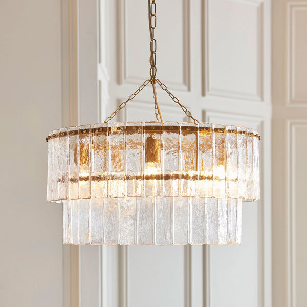 Karine Five Light Two Tier Pendant in Brushed Aged Brass with Handmade Clear Textured Glass Panels