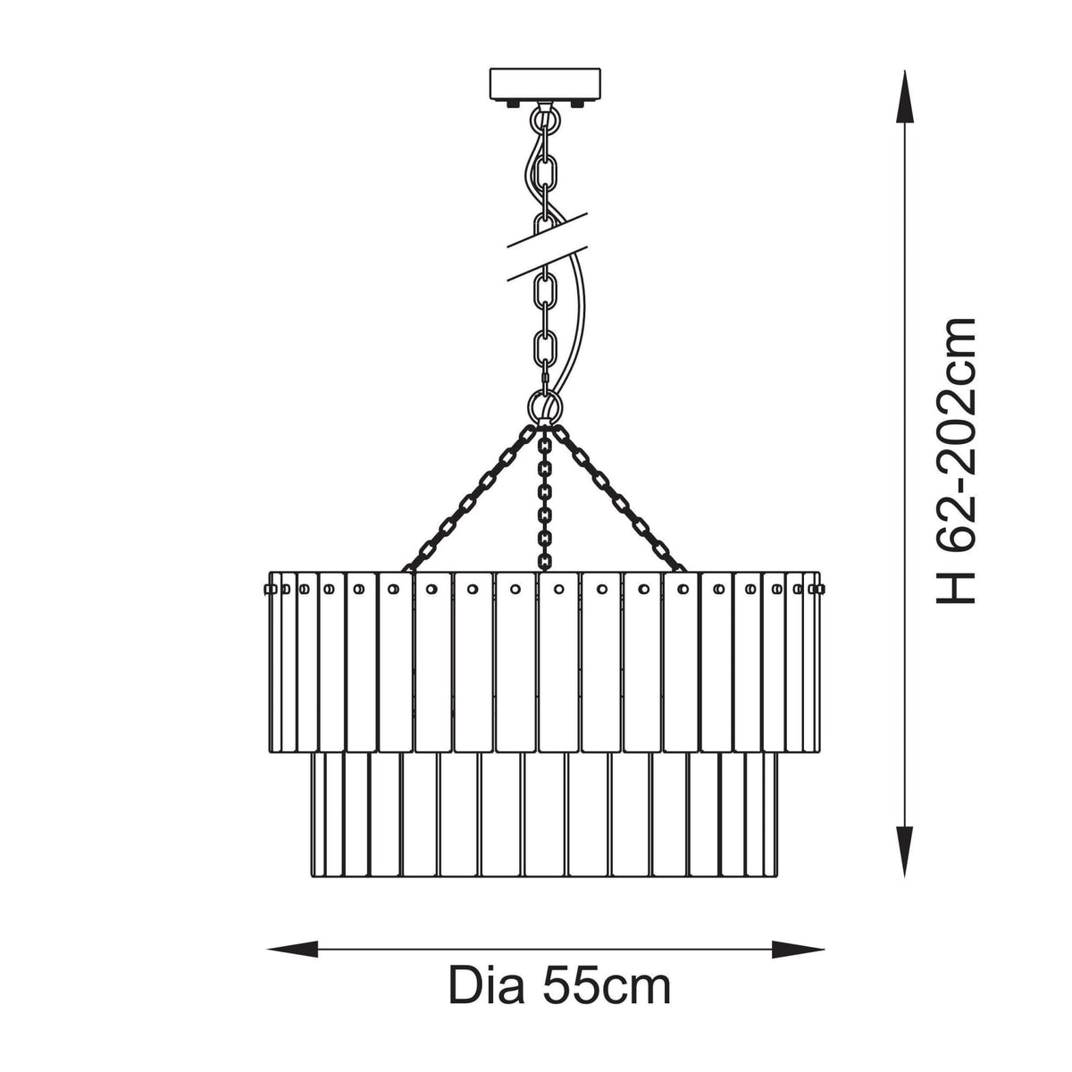 Un dessin au trait d'un lustre à deux niveaux avec des dimensions de 62-202 cm de hauteur et 55 cm de diamètre. 