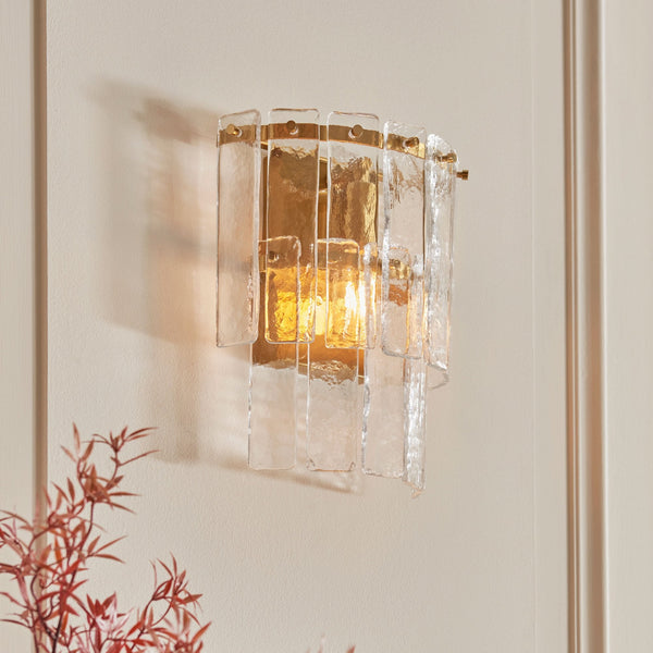 Karine Wall Light in Aged Brass with Handmade Clear Textured Glass Panels