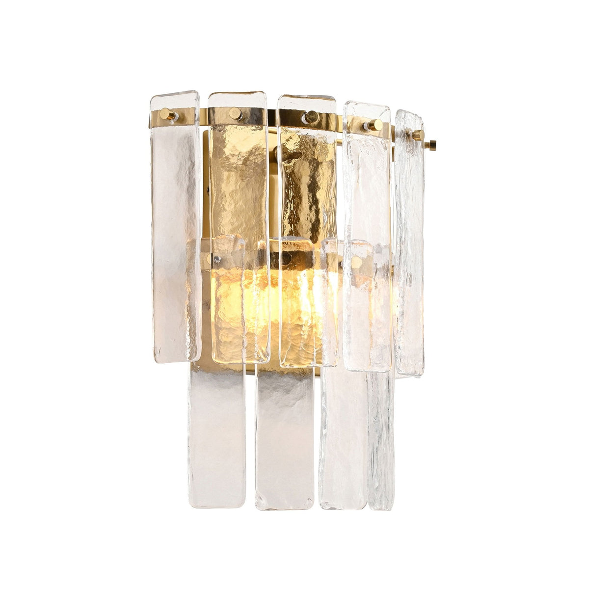 A solitary sconce on a white background, showcasing its textured clear glass and brass frame.