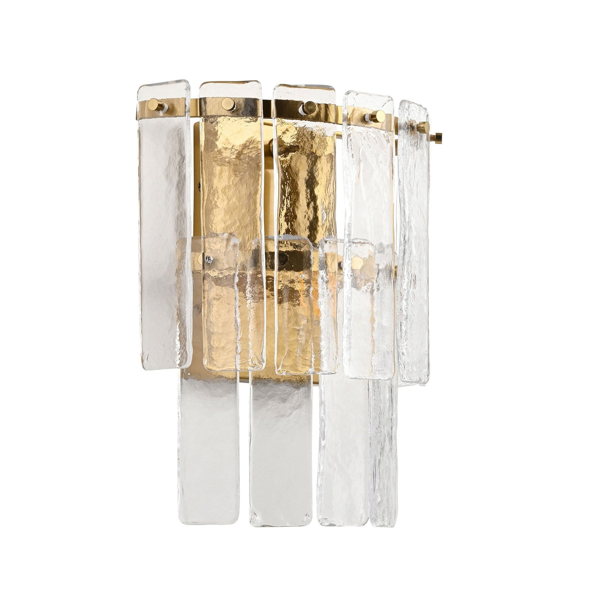 A singular sconce with textured glass and brass elements is displayed against a stark white backdrop.
