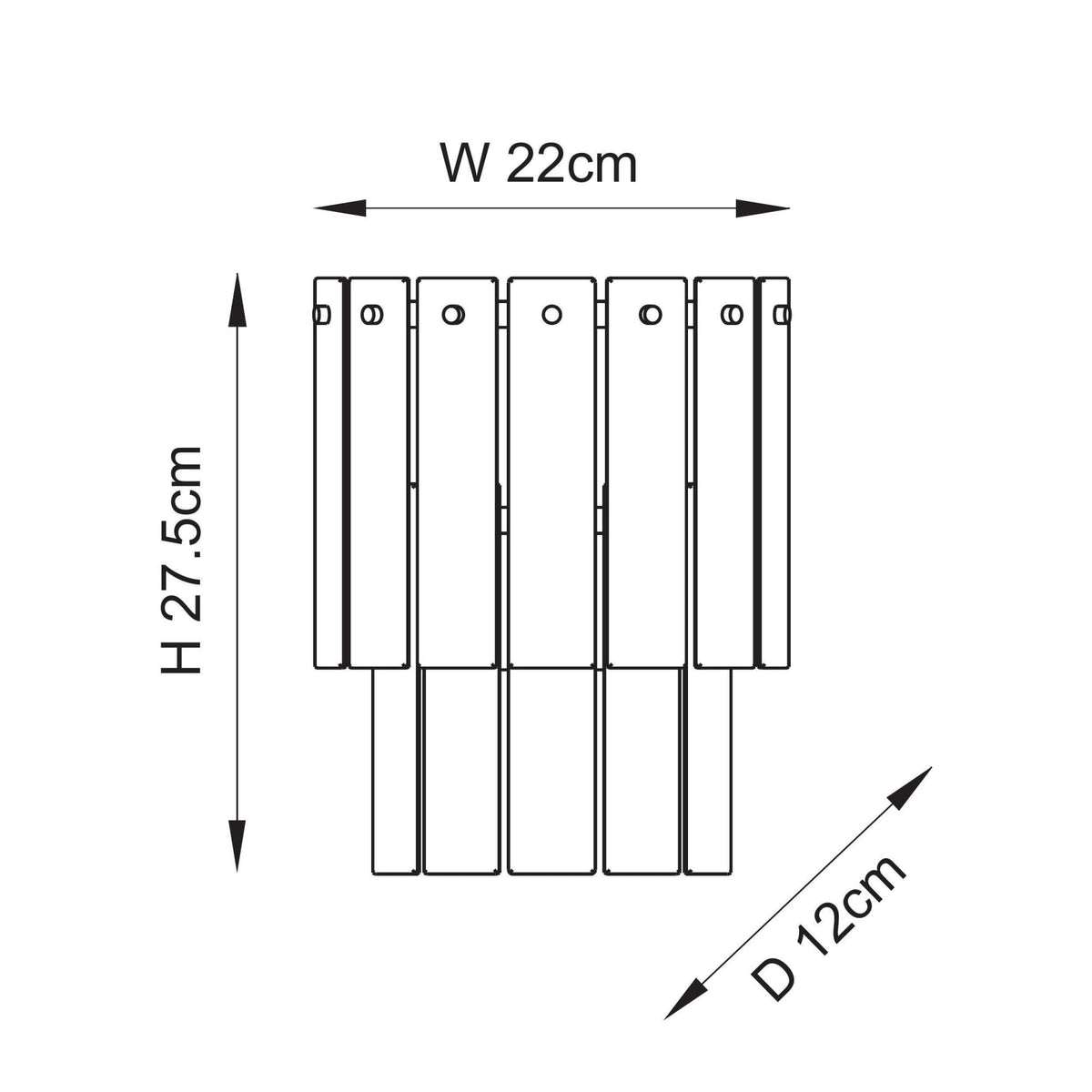 A diagram illustrating the dimensions of the sconce: 27.5cm H, 22cm W, and 12cm D.