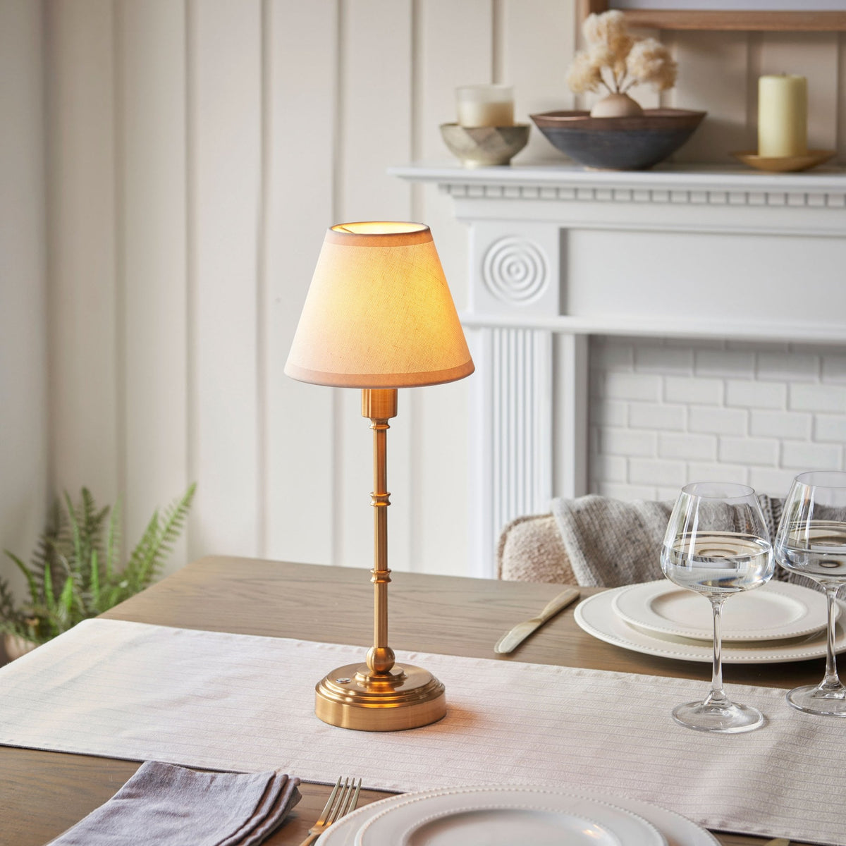 Burley Rechargeable Table Lamp in Brushed Aged Brass with Ivy 16cm Vintage White Shade