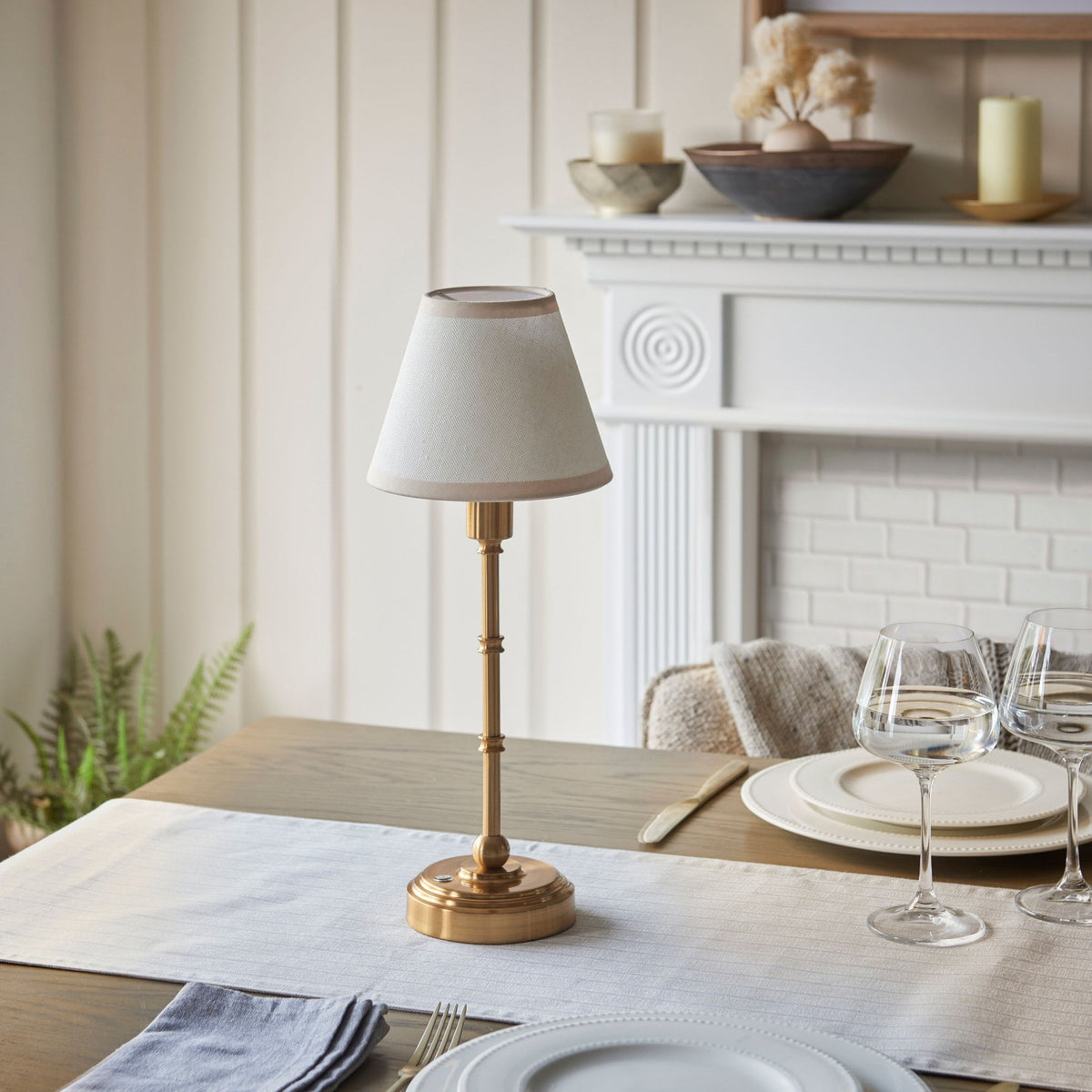 Burley Rechargeable Table Lamp in Brushed Aged Brass with Ivy 16cm Vintage White Shade
