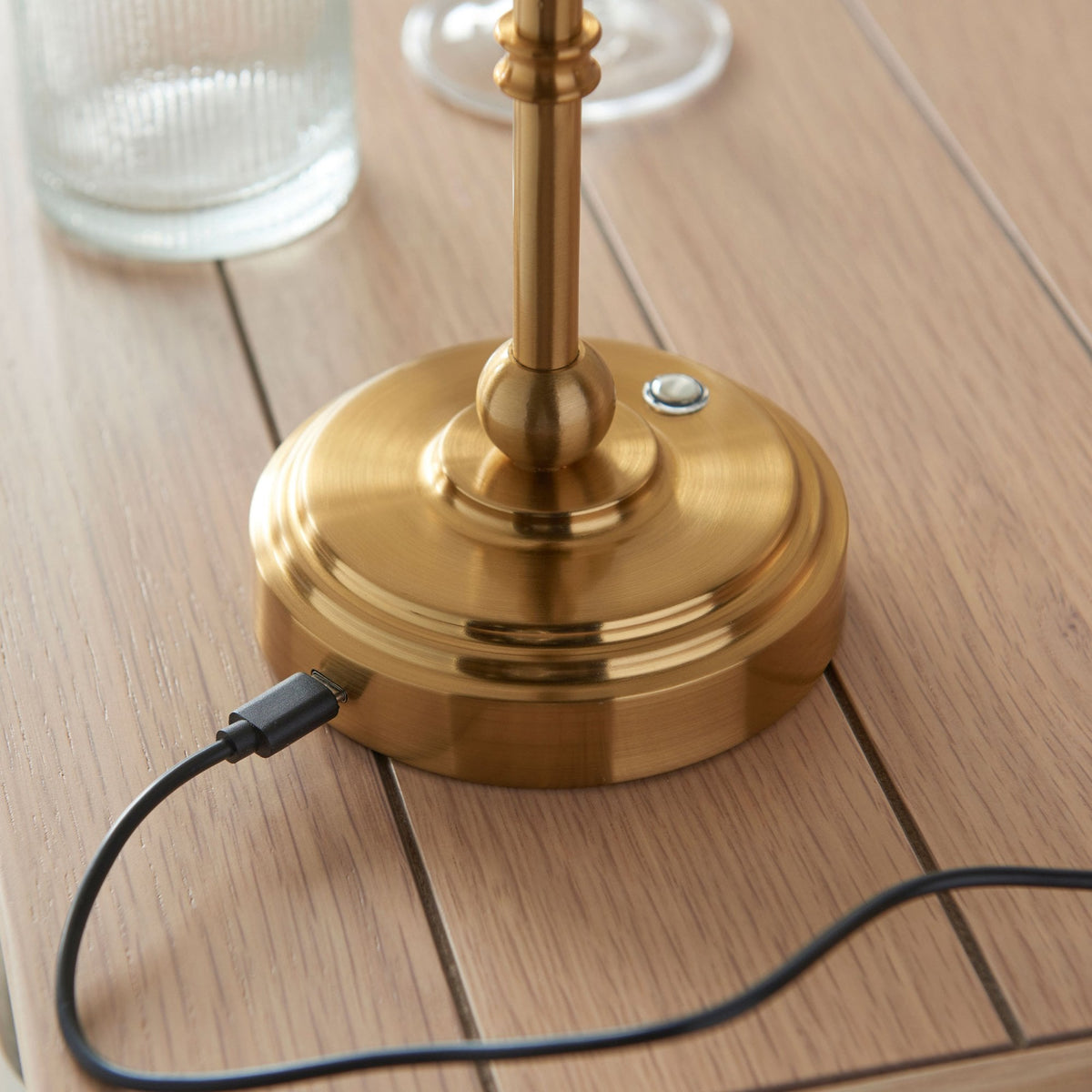 Burley Rechargeable Table Lamp in Brushed Aged Brass with Ivy 16cm Vintage White Shade