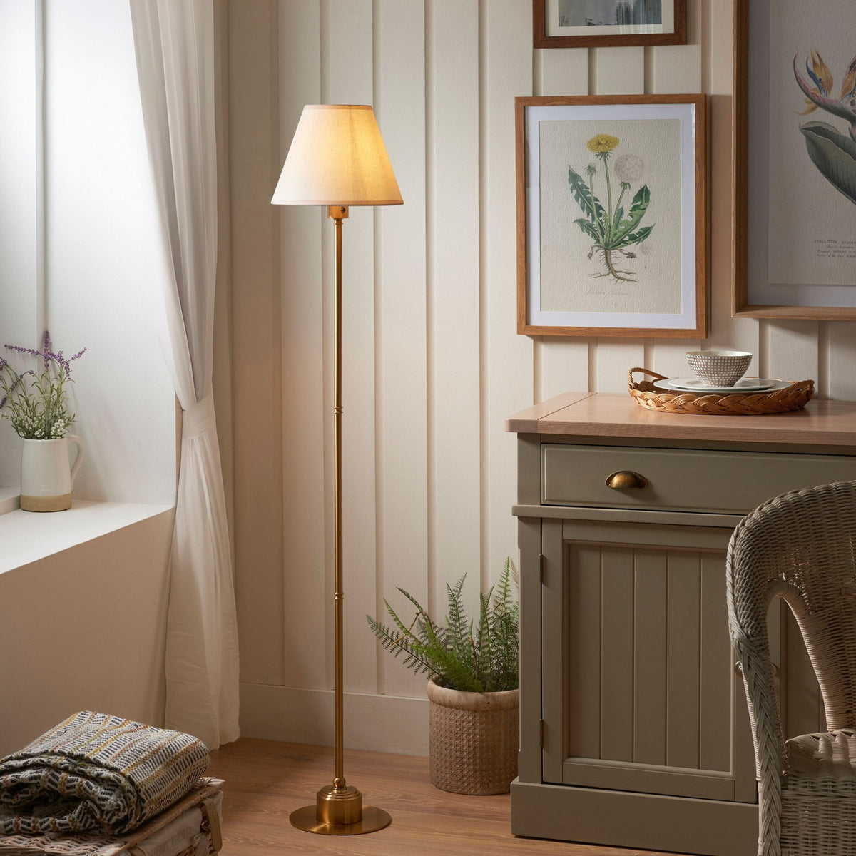 Burley Rechargeable Floor Lamp in Brushed Aged Brass with Ivy 25cm Vintage White Shade