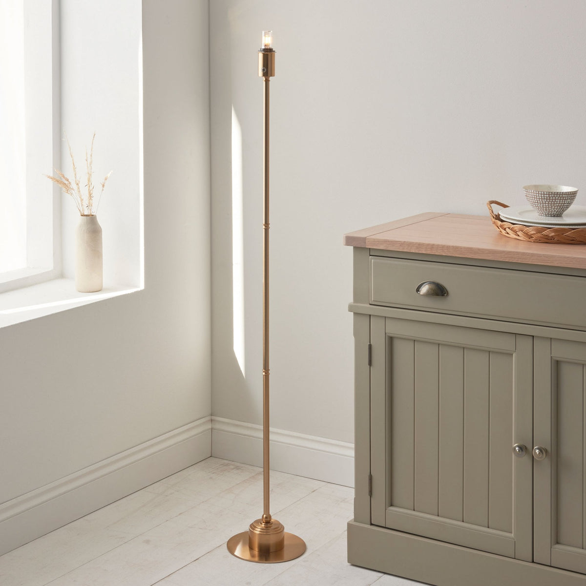 Burley Rechargeable Floor Lamp in Brushed Aged Brass with Ivy 25cm Vintage White Shade