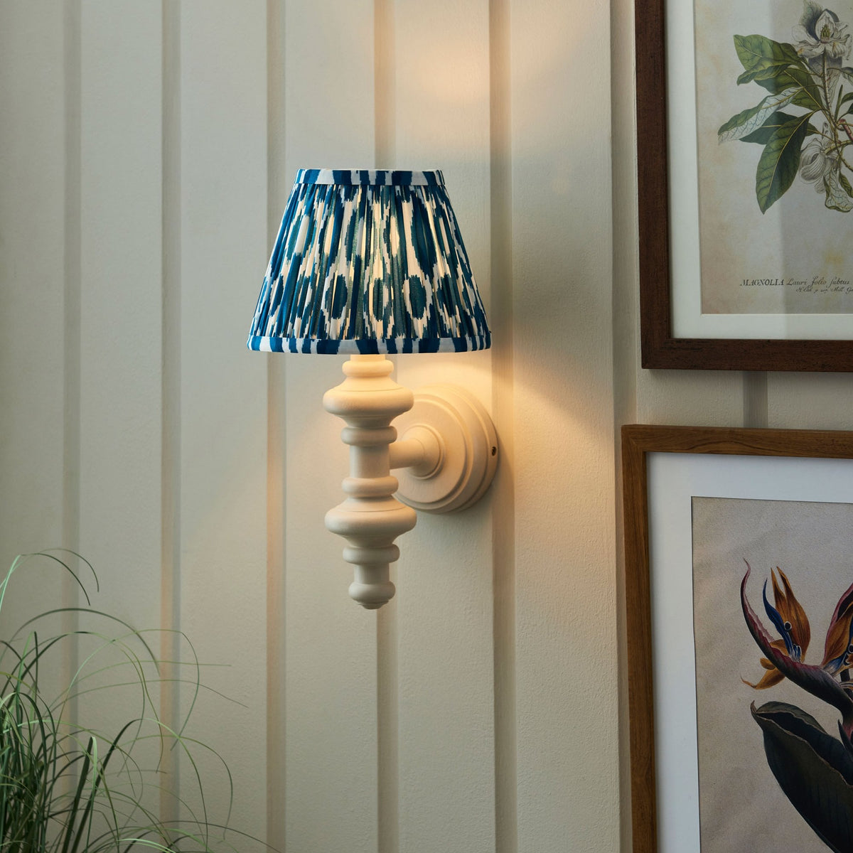 Carnaby Wall Light in Satin Almond White Painted Finish with Ikat 20cm Marlin Blue Faux Silk Fabric Shade