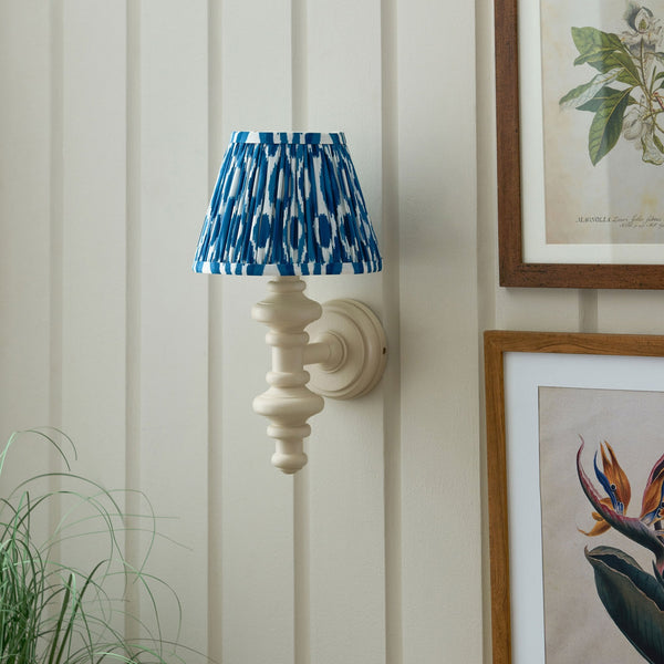 Carnaby Wall Light in Satin Almond White Painted Finish with Ikat 20cm Marlin Blue Faux Silk Fabric Shade