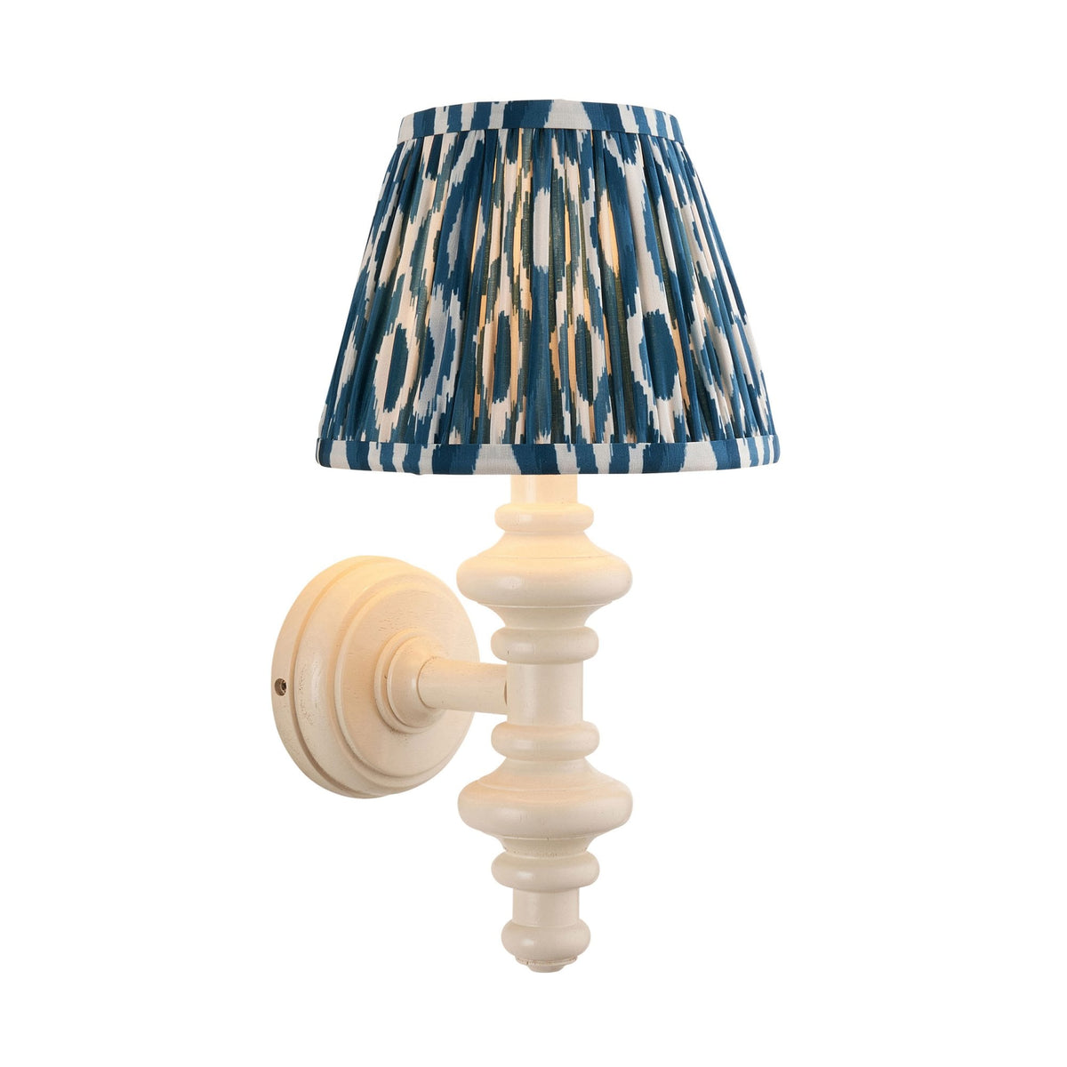 Carnaby Wall Light in Satin Almond White Painted Finish with Ikat 20cm Marlin Blue Faux Silk Fabric Shade
