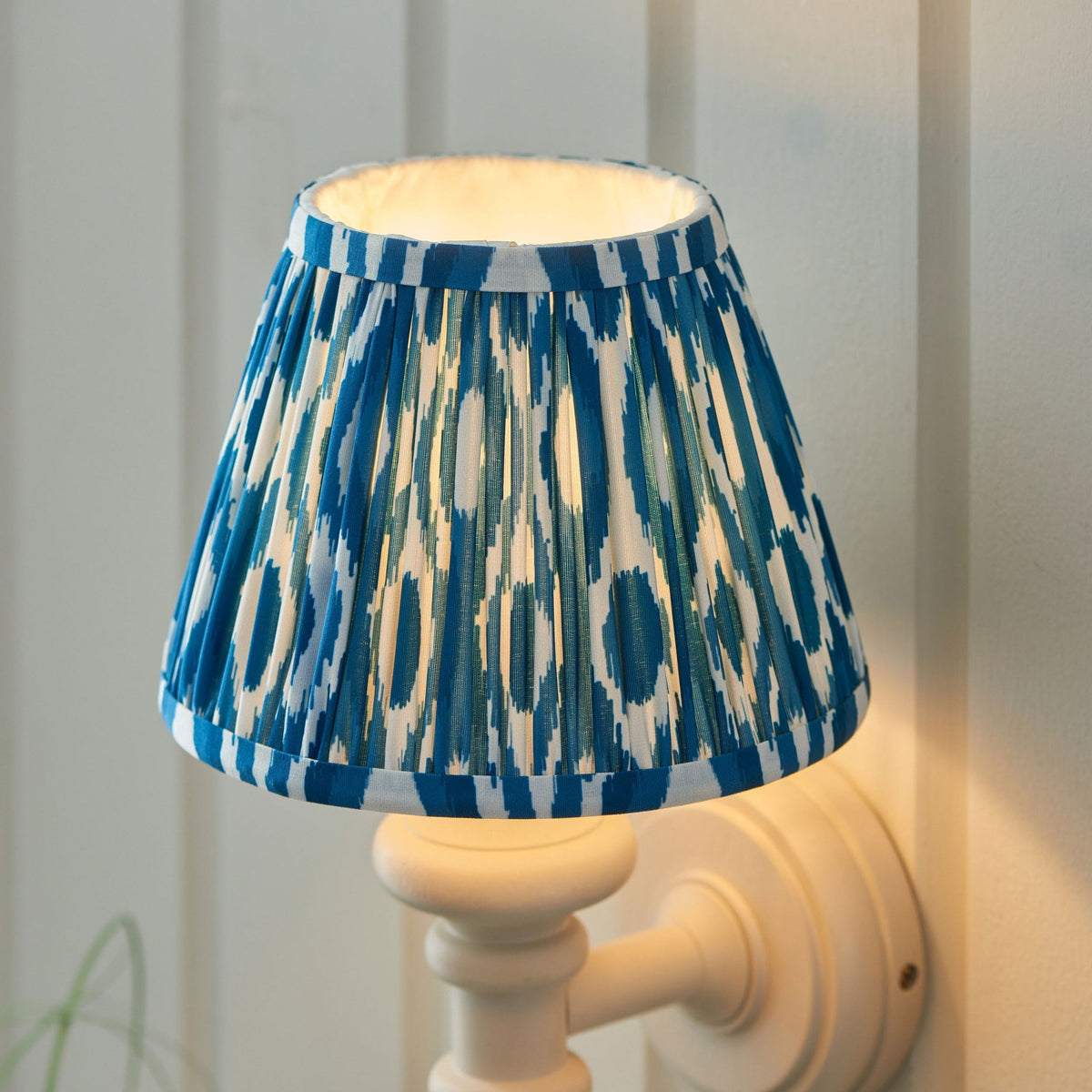 Carnaby Wall Light in Satin Almond White Painted Finish with Ikat 20cm Marlin Blue Faux Silk Fabric Shade