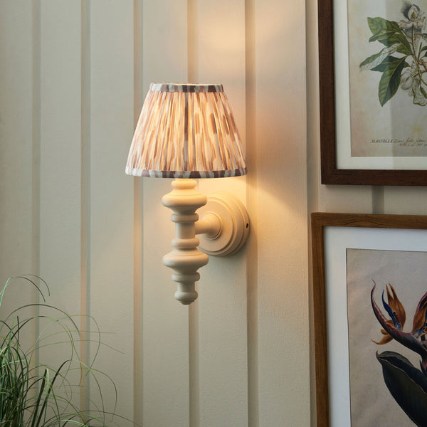 Carnaby Wall Light in Satin Almond White Painted Finish with Ikat 20cm Neutral Faux Silk Fabric Shade