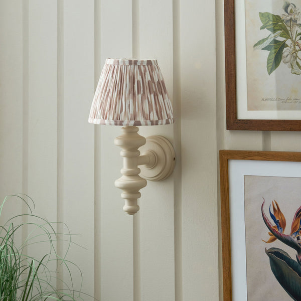 Carnaby Wall Light in Satin Almond White Painted Finish with Ikat 20cm Neutral Faux Silk Fabric Shade