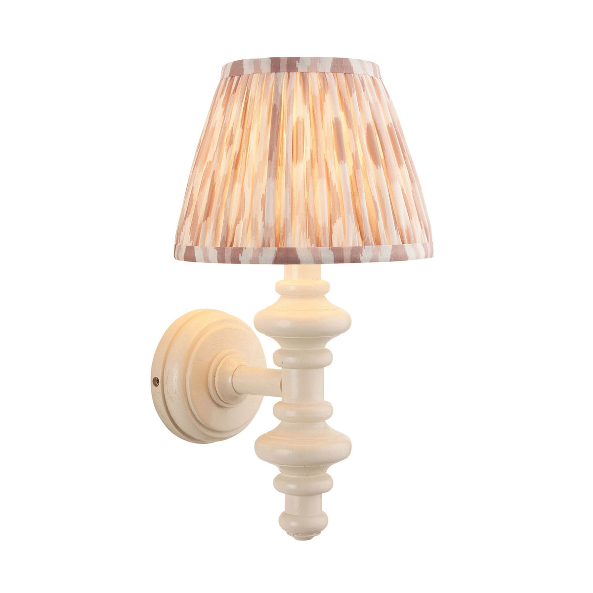 Carnaby Wall Light in Satin Almond White Painted Finish with Ikat 20cm Neutral Faux Silk Fabric Shade