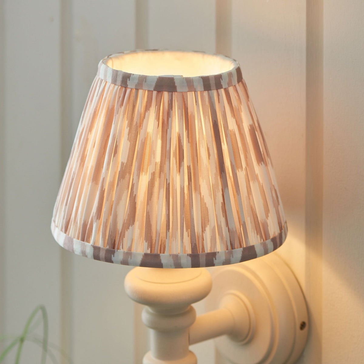 Carnaby Wall Light in Satin Almond White Painted Finish with Ikat 20cm Neutral Faux Silk Fabric Shade