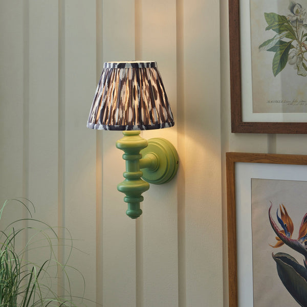 Carnaby Wall Light in Satin Cotswold Green Painted Finish with Ikat 20cm Pearl Grey Faux Silk Fabric Shade