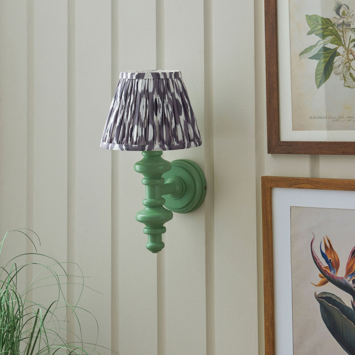 Carnaby Wall Light in Satin Cotswold Green Painted Finish with Ikat 20cm Pearl Grey Faux Silk Fabric Shade