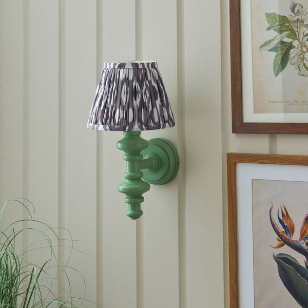 Carnaby Wall Light in Satin Cotswold Green Painted Finish with Ikat 20cm Pearl Grey Faux Silk Fabric Shade