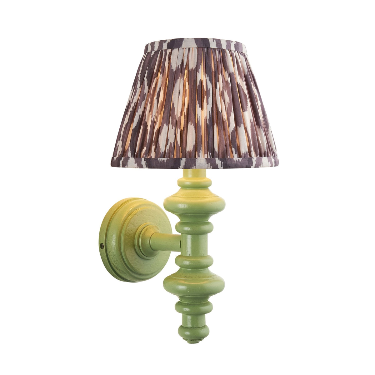 Carnaby Wall Light in Satin Cotswold Green Painted Finish with Ikat 20cm Pearl Grey Faux Silk Fabric Shade