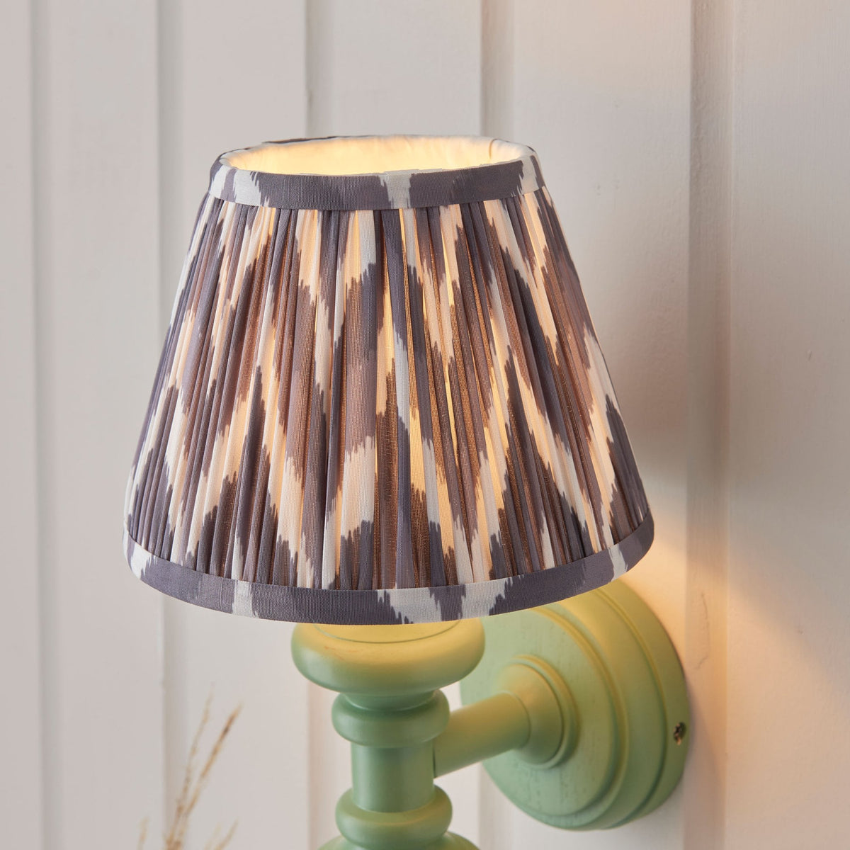 Carnaby Wall Light in Satin Cotswold Green Painted Finish with Ikat 20cm Pearl Grey Faux Silk Fabric Shade