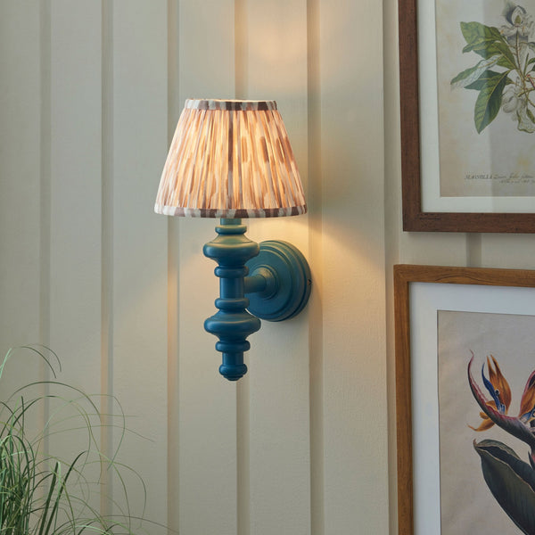 Carnaby Wall Light in Satin Marlin Blue Painted Finish with Ikat 20cm Neutral Faux Silk Fabric Shade