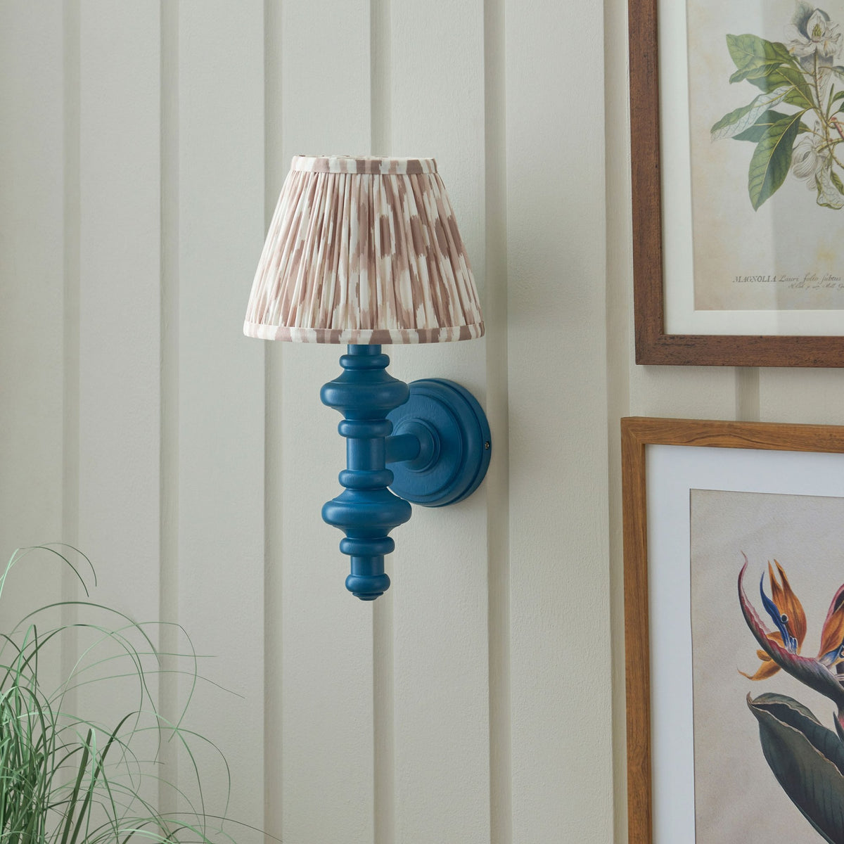 Carnaby Wall Light in Satin Marlin Blue Painted Finish with Ikat 20cm Neutral Faux Silk Fabric Shade