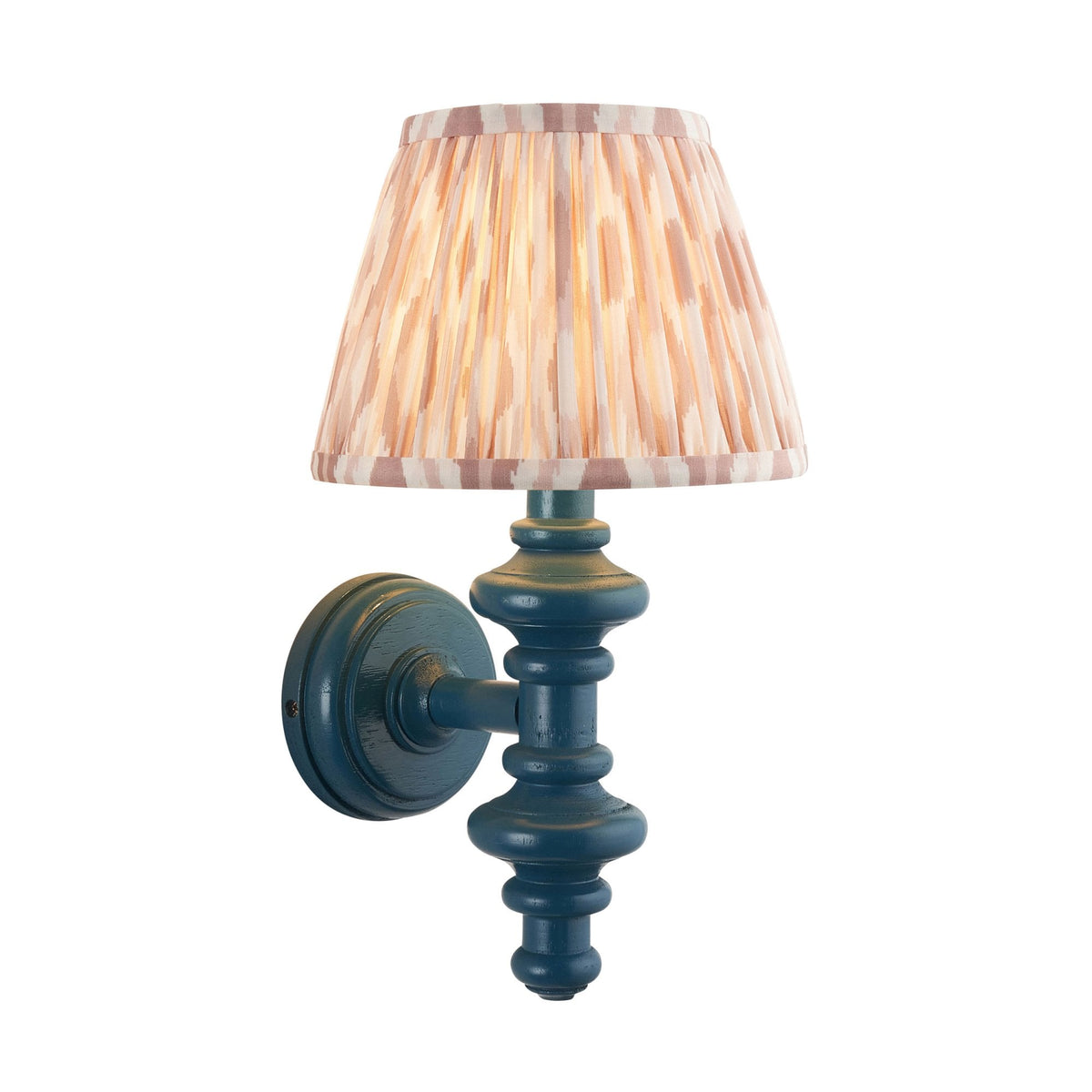 Carnaby Wall Light in Satin Marlin Blue Painted Finish with Ikat 20cm Neutral Faux Silk Fabric Shade