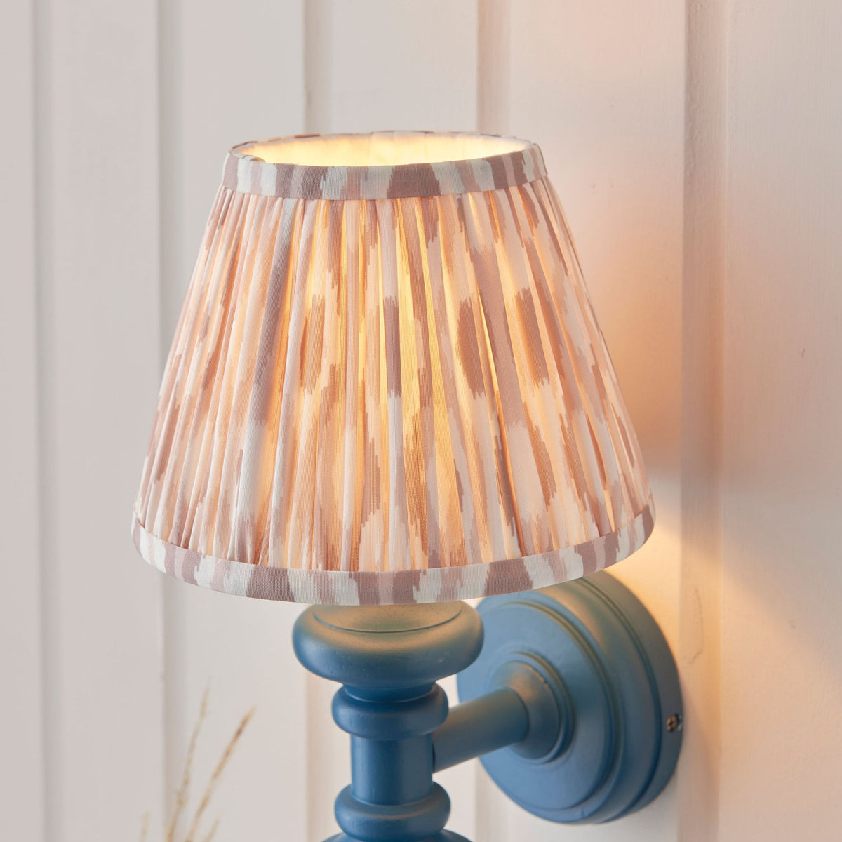 Carnaby Wall Light in Satin Marlin Blue Painted Finish with Ikat 20cm Neutral Faux Silk Fabric Shade