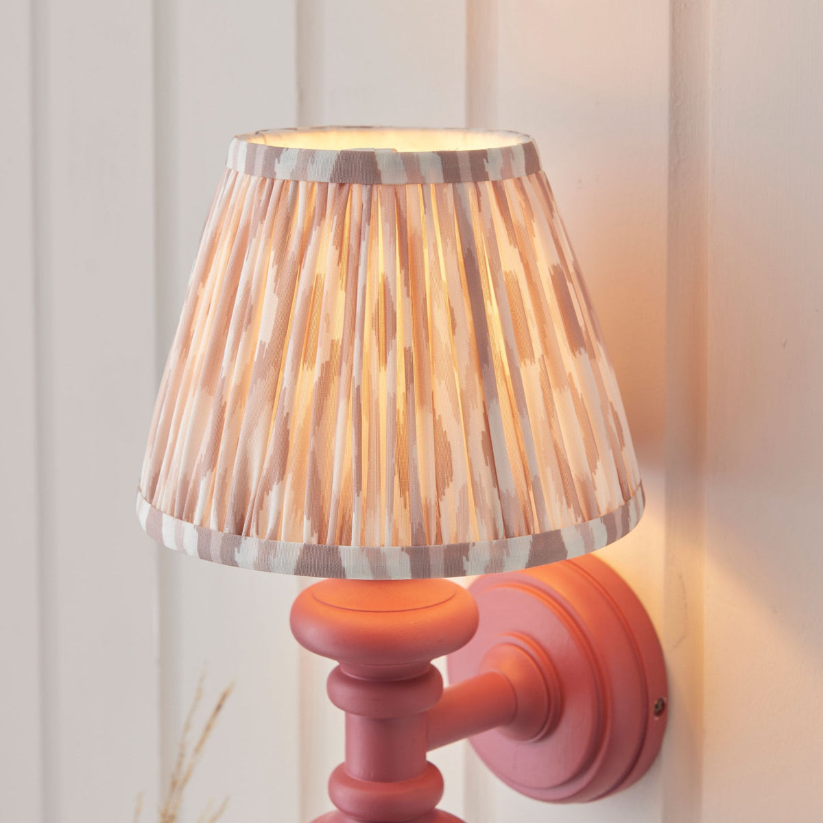 Carnaby Wall Light in Satin Pink Clay Painted Finish with Ikat 20cm Neutral Faux Silk Fabric Shade