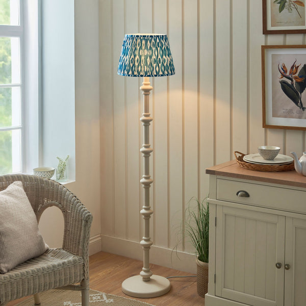 Carnaby Floor Lamp in Satin Almond White Painted Finish with Ikat 35cm Marlin Blue Faux Silk Fabric Shade