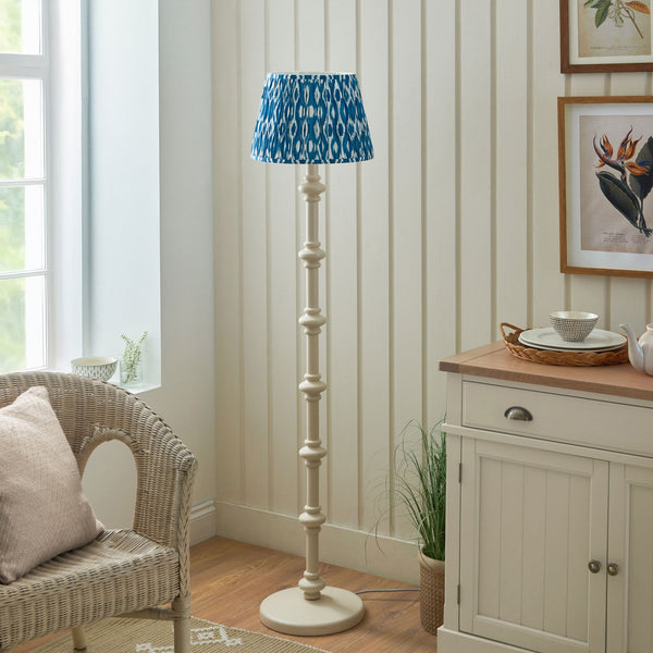 Carnaby Floor Lamp in Satin Almond White Painted Finish with Ikat 35cm Marlin Blue Faux Silk Fabric Shade