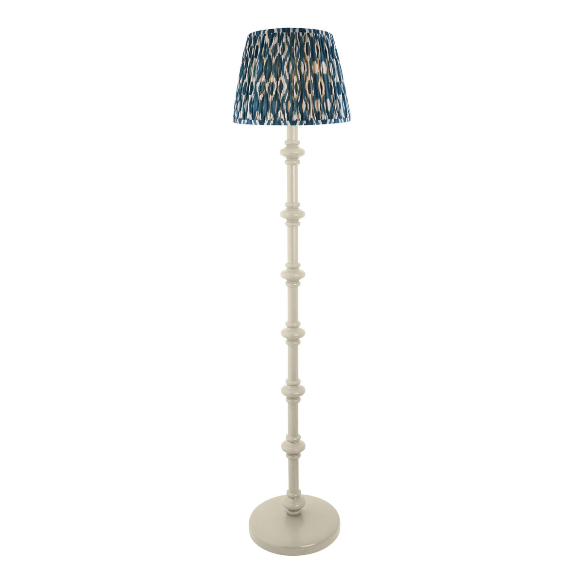 Carnaby Floor Lamp in Satin Almond White Painted Finish with Ikat 35cm Marlin Blue Faux Silk Fabric Shade