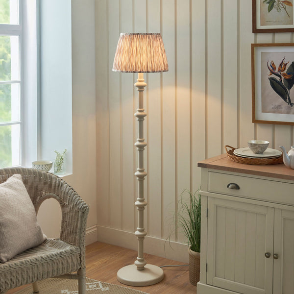 Carnaby Floor Lamp in Satin Almond White Painted Finish with Ikat 35cm Neutral Faux Silk Fabric Shade